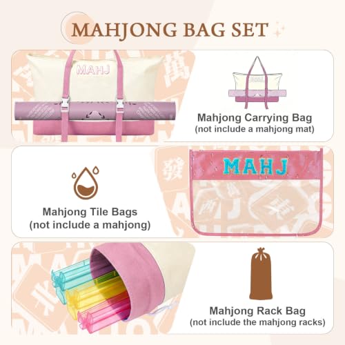 Mahjong Bag Storage Carrying Case for Tiles with Shoulder Strap (Pink) | 3-Bag System, External Mat Strap, Large Capacity, Lightweight Canvas, Reinforced Stitching, Fast Packing. - color: Pink