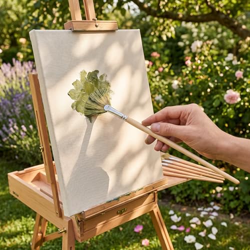 JEUIHAU 12 Pack Fan Brush Set, Bristles Fan Paint Brushes, Hog Bristle Stiff Fan Brush Set, Fan Artist Paint Brush with Long Wooden Handle for Acrylic Watercolor Oil Painting