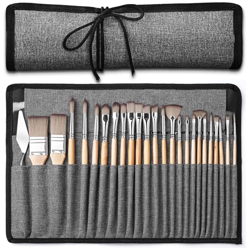 Acrylic Paint Brush Set, Golden Maple 25 PCS Paint Brushes for Acrylic Painting Oil Watercolor & Canvas,Enhanced Synthetic Brush Set with Cloth Roll and Palette Knife