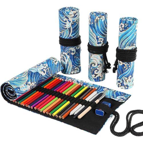 DIYOMR 12/24/36/72 Slots Pencil Wrap Pencil Rolls，Artist Colored Pencils Roll Up Bag Short Brushes Pouch Case Pencils Organizer Drawing Coloring & Sketching，No Pencils (Blue Ocean，12slots) (PCD1098) - color: Blue Ocean, size: 12slots