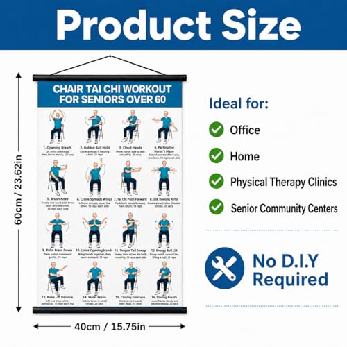 Tai Chi Chair Workout Chart, Chair Tai Chi for Seniors Poster, 16 x 24 Inch | Seated Tai Chi Exercise Chart: 16 Guided Chair Exercises with Breathing and Flow for Balance, and Flexibility, Roll-Up Design