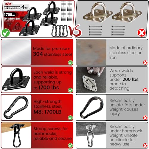 sprookber 304 Stainless Steel Pad Eye Snap Hook,M10 Ceiling Hook 1700Lb,8Pc | Hanging Kit with Screws for Hammock Chair Swing, Yoga Gym Equipment, Sun Shade Sail, Plant Hangers & Marine Boat Hardware - size: 4 Inch, style: Black Rhombus