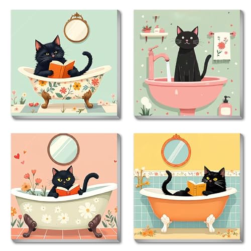 Canrichshop 4P Bathing Cat Paint by Numbers for Beginner with Frame,Black Cat Adult Painting by Numbers Kits on Canvas, DIY Oil Painting for Decor 8X 8 inch - color: BKH2325+BKH2326+BKH2327+BKH2328