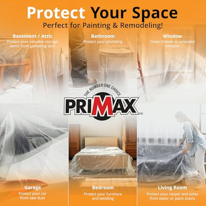 PRIMAX Clear Plastic Drop Cloth 9x12 ft (3 Pack) – Waterproof Painters Plastic Sheeting for Painting, Furniture Covers & Dust Protection – Easy Cleanup, Mess-Free Solution for Painting or Renovations - size: 9' x 12' - 3 pack