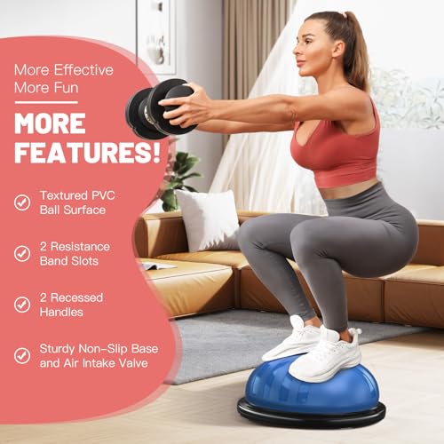 BODYRHYTHM 2 in 1 Balance Ball & Plank Board Trainer with Free iOS/Android App & 4 Free Games for Full Body Workout - Half Exercise Yoga Ball Trainer with 2 Bands & Pump for Strength Training - color: Blue