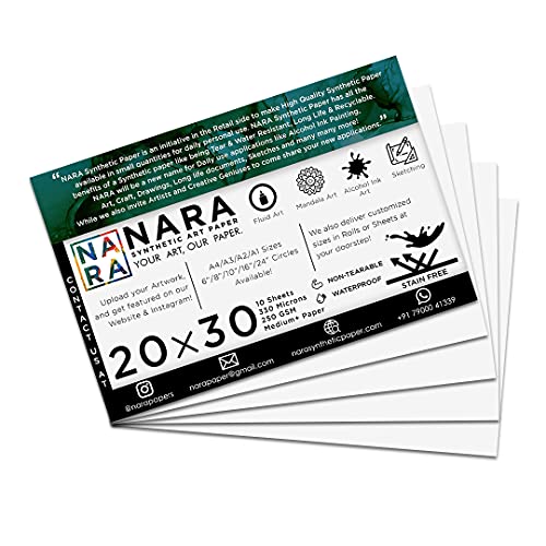 NARA Alcohol Ink Paper | White | 20 inches x 30 inches (20”x30”) | 330 microns/250 GSM | Medium+ Paper | 10 Sheets | Paper for Alcohol Ink Art Painting | 100% Stain-Free - color: White_Rectangle_Paper Sheets_10