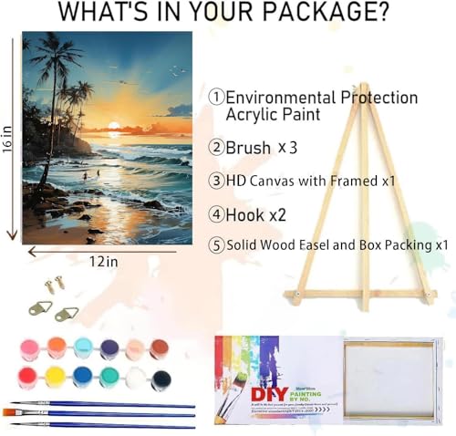 MIRCVSH Beach Paint by Number Kit, Framed Landscape for Adults, 12x16 Inch on Canvas with Wooden Easel - color: DKH166