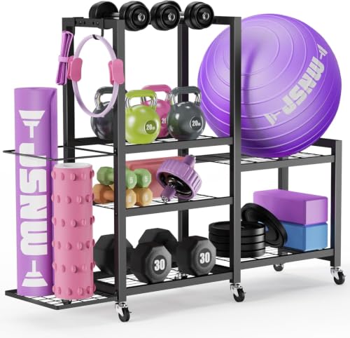 6-Tier Multi-Functional Home Gym Storage Rack with Wheels and Hooks, Adjustable Weight Rack for Dumbbells Kettlebells Yoga Mat and Balls, Space Saving Workout Equipment Storage Organizer