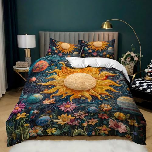 AILONEN Space Galaxy Soft Duvet Cover Set King Size,3-Piece Sun Planet Starry Flower Boho Comforter Cover Set, 1 Quilt Cover with 2 Pillowcases - color: S12, size: King