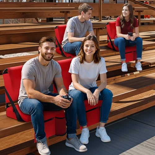 2pcs Stadium Seat for Bleachers with Back Support，Portable Bleacher Chairs with Back and Cushion，Includes Shoulder Strap and Cup Holder - color: Red,2 Pack