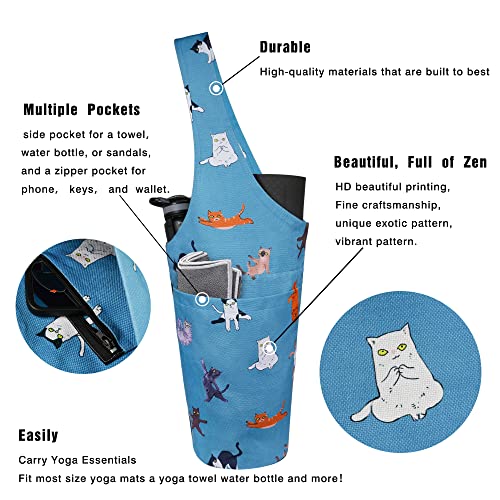 Yoga Mat Bag - Long Tote with Pockets - Holds More Yoga Accessories - Yoga Bag Fit Most Size Mats - Yoga Mat Carrier - color: Cat Yoga Niagara