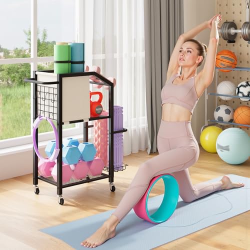 HOOBRO Dumbbell Rack, Weight Rack for Dumbbells, Yoga Mat Storage Rack, Home Gym Storage Rack for Dumbbells Kettlebells Foam Roller, Workout Storage Organizer with Wheels & Hooks - color: Black