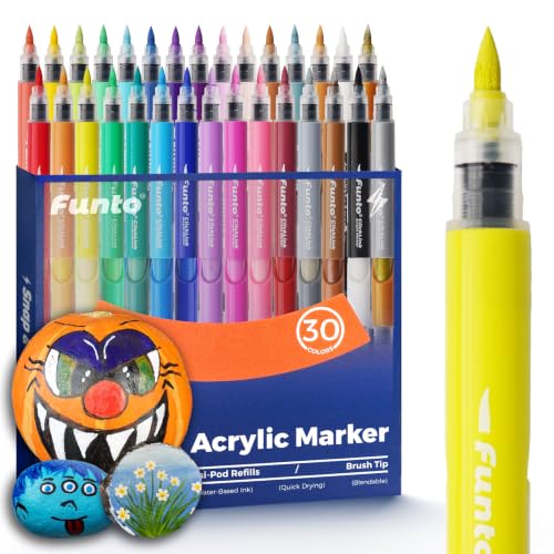 Funto Acrylic Paint Markers, 30 Colors Brush Tip Paint Pens for Lettering, DIY Crafts, Wood, Rock, Canvas, Glass & Ceramic, Quick-Drying Acrylic Markers for Art Projects, School Supplies - color: 30 Colors