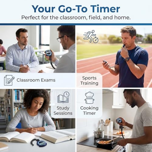 Silent Digital Stopwatch Timer for Teachers, Coaches & Kids ‒ Simple Lap Timer, Large Display, No Alarm ‒ Classroom, Exams, Sports, Running & Swimming ‒ AAA Batteries Included