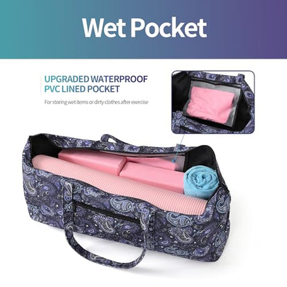 Boulder Bee | Yoga Mat Bag | Large Yoga Mat Carrier with Wet Pocket | Yoga Gifts | Gym Tote Bag for Women - color: Tote-Blue Cashew Flower