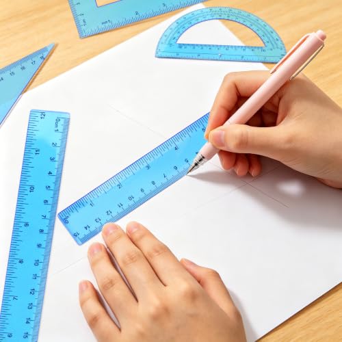 Plastic Clear Ruler Math Set - 6'' 12'' Transparent Straight Ruler, 4'' 6'' Protractor, 30/60 & 45/90 Triangle Ruler,Geometry Math Measuring Tool for School Office Drawing Teachers Kids Supplies Blue - color: Blue