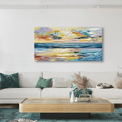 Art Hand Painted Ocean Landscape Oil Painting Sea Sunset Landscape Modern Abstract Art Home Wall Decoration 24x48 Inches - color: Yi031