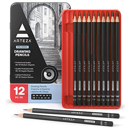 ARTEZA Drawing Sketch Pencils Set of 12, Graphite Pencils 6B to 4H, Pre-Sharpened Art Pencils in Metal Tin for Sketching, Shading, Drawing, Blending, and Detail Work