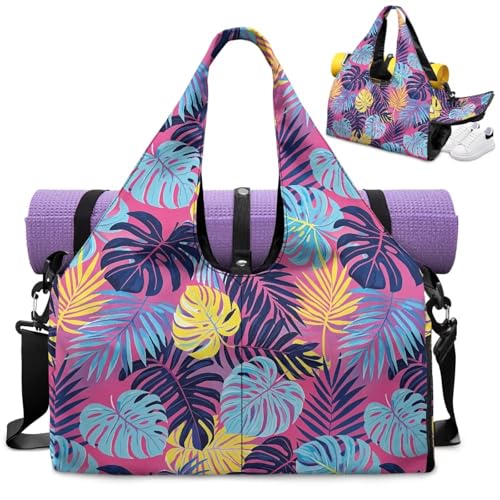 Yoga Gym Bag with Removable Adjustable Shoulder Strap, Shoe Compartment & Top Yoga Mat Holder 17.72x8.66x9.84in - color: Hawaiian Palm Leaf Print
