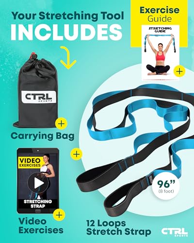 Stretching Strap with Loops - Non Elastic Yoga Strap for Physical Therapy | Video Exercises Included - Stretch bands for Stretching Equipment and Flexibility - Fascia, Hamstring & Leg Stretcher Belt - style: 12 Loops - Blue