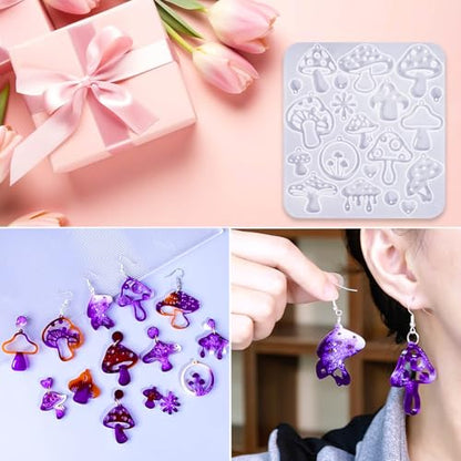 3 Pack Mushroom Earring Molds – Premium Silicone Resin Jewelry Molds (35 Unique Designs) with 200Pcs Ear Hooks & Jump Rings, DIY UV Epoxy Resin Casting Kit for Earrings, Pendants & Keychains