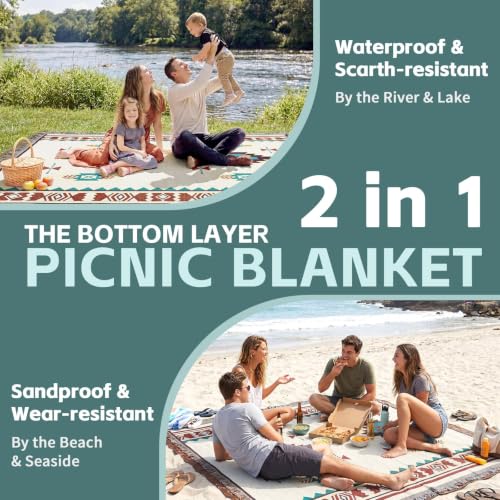 RYCHIC 2 in 1 Extra Large Outdoor Rug Picnic Mat Woven Summer Throw Blanket Boho Giant Beach Travel Essential Yoga Accessories Park Patio Lawn Garden Grass Ground Play Music Festival Concert Must Have - color: Boho Beige