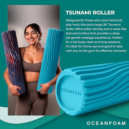 Oceanfoam Tsunami Roller (Miami Blue) - Extra-Large, 26" x 5.9" - Soft, Textured Foam Roller for Physical Therapy, Back Pain, Exercise & Stretching - Wave Textured - Yoga, Athletics, & Wellness - color: Miami Blue