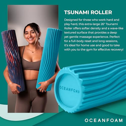 Oceanfoam Tsunami Roller (Miami Blue) - Extra-Large, 26" x 5.9" - Soft, Textured Foam Roller for Physical Therapy, Back Pain, Exercise & Stretching - Wave Textured - Yoga, Athletics, & Wellness - color: Miami Blue