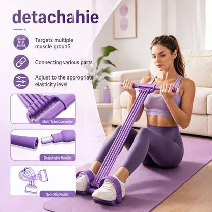 Pedal Resistance Band with Handles, 8 Tube Upgraded Exercise Band, 3-in-1 Multi-Function Latex Fitness Equipment for Foot Pull, Back & Chest Workout - color: Purple