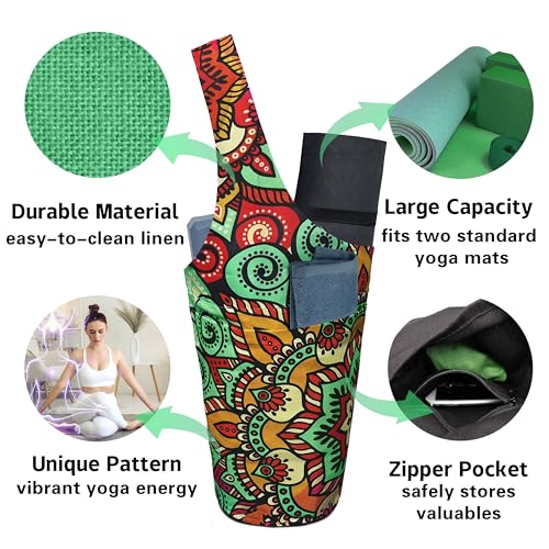 Yoga Mat Bag Carrier for Women with Side Large Pocket Durable Linen Workout Gym Travel Storage Pilates Mats - color: Ethnic Mandala