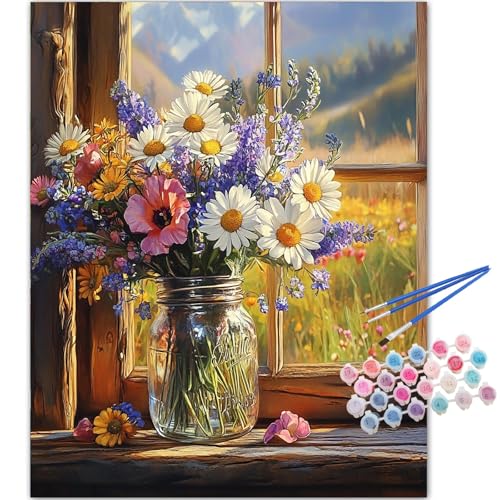 TOCARE Flowers Paint by Numbers Kit for Adults,Flower Bouquet on a Sunlit Windowsill Paint by Number Canvas Kit,Acrylic Adults' Paint-by-Number Kits Floral 16x20inch (Without Framed) - color: TC-OPC-149