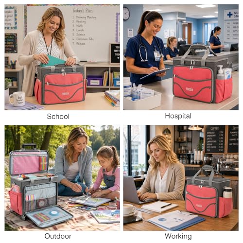 Rolling Craft Bag With Wheels, Teacher Tote Organizer With Detachable Cart - color: Pink
