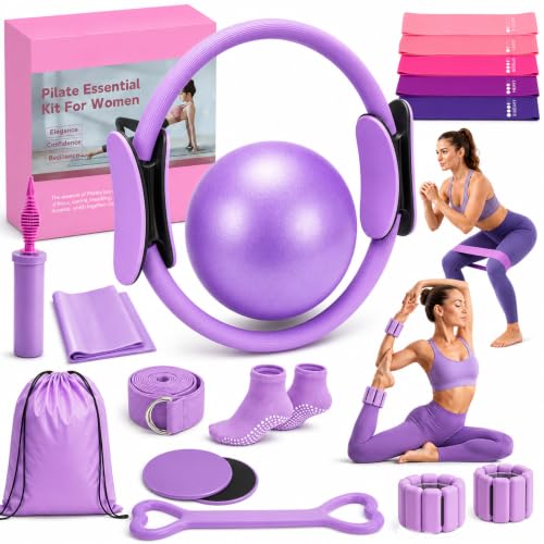Pilates Kit for Home Workouts – Pilates Equipment Set with Ring, Ball, Resistance Bands, Pilates Accessories, Pilates Essentials Kit for Women, Pilates Sets for Home Exercise - color: Purple