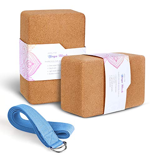 2 Pack Cork Yoga Blocks with Yoga Strap Set - 4 x 6 x 9 inch