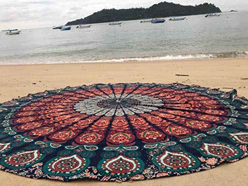 raajsee Round Beach Tapestry Blue Orange Mandala Throw/Boho Hippie Beach Blanket Roundie/Indian Cotton Bohemian Large Round Table Cloth/Yoga Mat Meditation Picnic Rug 70 inch - color: BLUE ORANGE
