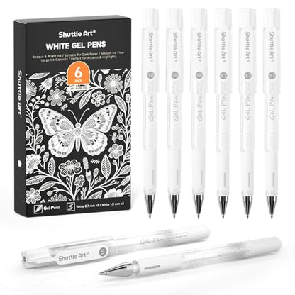 Shuttle Art White Gel Pens, 6 Pack 0.7mm, 1.0mm Gel Ink Pens Fine Point for Black Paper Highlighting Card Making Scrapbooking Coloring Writing Drawing Journaling Note Taking School Office Home - color: 6 White