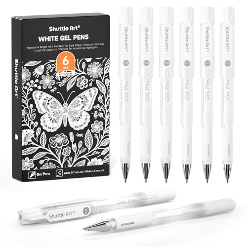 Shuttle Art White Gel Pens, 6 Pack 0.7mm, 1.0mm Gel Ink Pens Fine Point for Black Paper Highlighting Card Making Scrapbooking Coloring Writing Drawing Journaling Note Taking School Office Home - color: 6 White