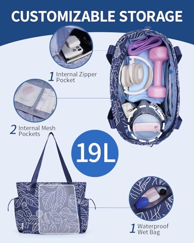 sportsnew Yoga Mat Bag Waterproof Tote Gym Bag Mat Carrier W/Wet Pocket | hook-and-loop mat holder 5s quick access, 40oz handled bottle pocket, wet bag, lightweight waterproof, drawstring pockets,19L - color: Navy Blue Leaves