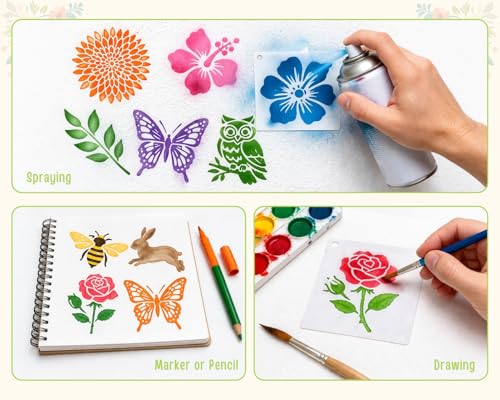 80Pcs Reusable Stencils for Painting Set, 3 Inch Botanical Flower Bird Butterfly Painting Templates for DIY Art Decor Classroom Projects