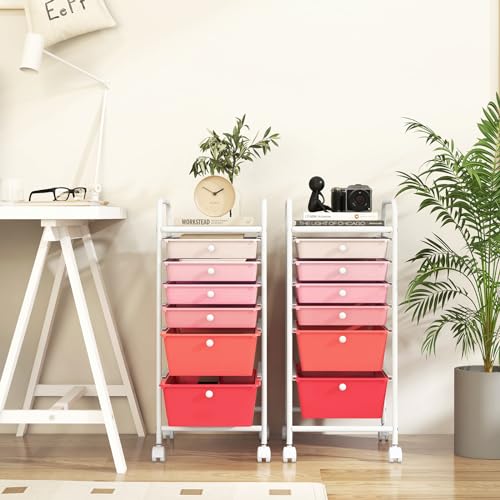 RELAX4LIFE 6-Drawer Rolling Storage Cart - Classroom Organization on Wheels w/Removable Plastic Drawers, Mobile Art Craft Cart for School Paper Home Office, Utility Cart with Drawers (Gradient Pink) - color: Gradient Pink
