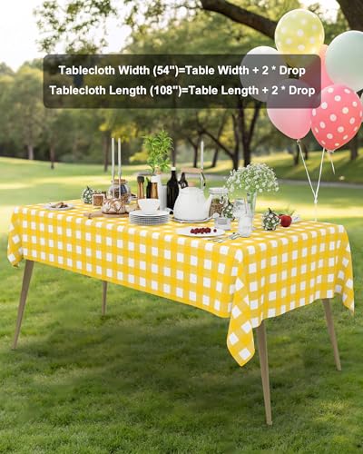 Smiry 8 Packs Gingham Disposable Table Cloth, 54 x 108 Inch Waterproof Plastic Tablecloth, Rectangle Yellow and White Checkered Table Covers for Picnic, Birthday, Party - color: Yellow and White, size: 54"x108" (Pack of 8)