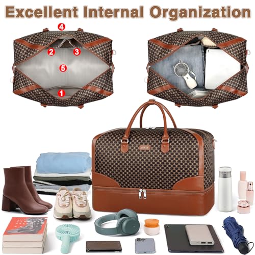 ITIEZY Weekender Bag for Women 21.5" Travel Duffel Large Carry On Bag 3PCS | Nylon Duffel Bag with Waterproof Shoe Compartment, Crossbody Bag and Toiletry Bag, Travel Weekend Hospital Overnight Gym Bag - color: 9-dark Brown
