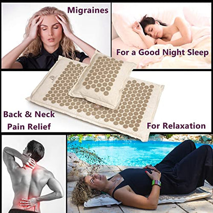 Premium, Advanced Acupressure Mat & Pillow Set with Hot/Cold Gel Pack (Natural Linen) + Lavender Self‑Heating Steam Eye Mask for Pain Relief, Sleep Aid & Recovery