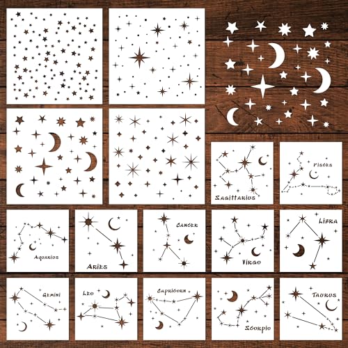 Keluna Star Stencils for Wall Decor - 16 Pcs Reusable Star Moon Zodiac Constellation Stencils for Wood, Canvas, Furniture - style: star