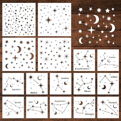 Keluna Star Stencils for Wall Decor - 16 Pcs Reusable Star Moon Zodiac Constellation Stencils for Wood, Canvas, Furniture - style: star