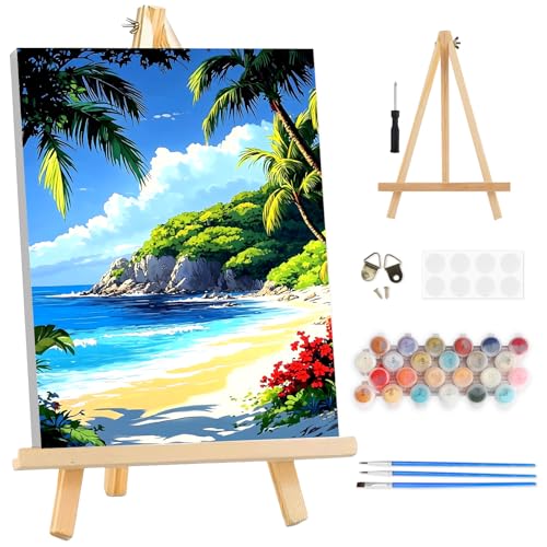 TOSTOG Tropical Beach Paradise Framed Canvas Paint by Numbers Art Kit for Adults and Kids, Beginner Acrylic Oil Painting Supplies with Wooden Frame for Home Wall Decor 25 * 35 cm/10 * 14 in - color: Tropical Beach Paradise