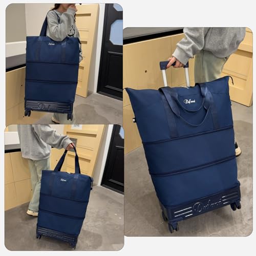 Expandable Rolling Travel Bag with Removable Wheels & Handle, Large Capacity Wheeled Duffle Tote, Foldable Carry On Luggage for Women, Lightweight Weekender Overnight Bag (DarkBlue) - color: DarkBlue