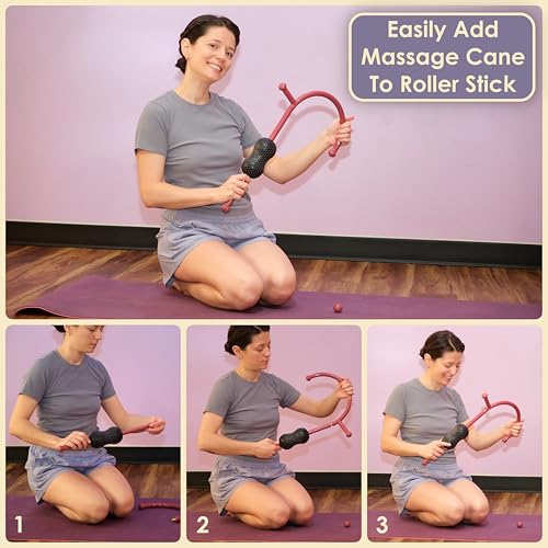 Roller Cane Massager | 2-in-1 Massage Roller Stick & Trigger Point Cane | Rubber Ball for Deep Tissue, Myofascial Release & Muscle Recovery (Red)