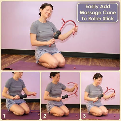 Roller Cane Massager | 2-in-1 Massage Roller Stick & Trigger Point Cane | Rubber Ball for Deep Tissue, Myofascial Release & Muscle Recovery (Red)