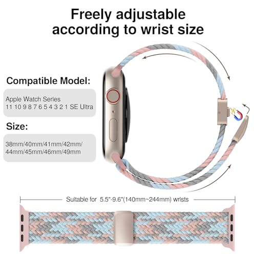 Braided Stretchy Magnetic Band Compatible with Apple Watch Bands Women Men - color: Gray Pink Blue, size: 38mm/40mm/41mm/(42mm-series 11 10)